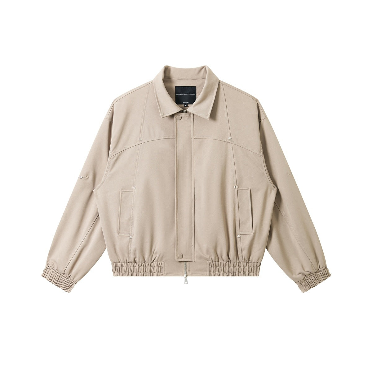 Khaki gray cropped zip jacket with collar, rivet details, flap pockets and elastic cuffs and hem, flat front view