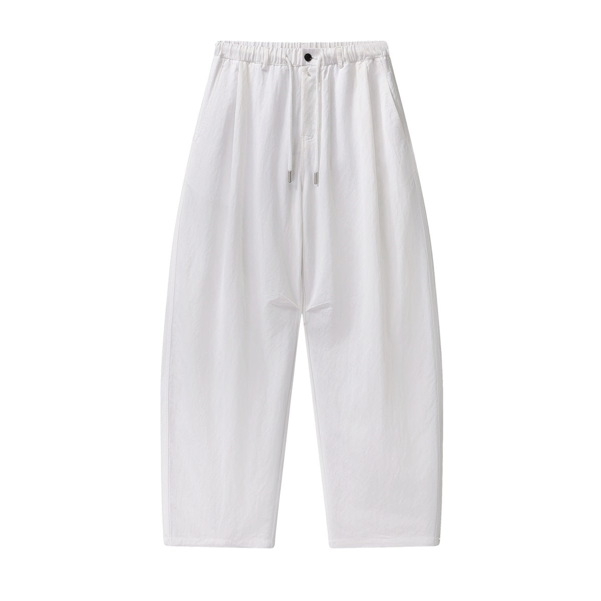 White wide-leg barrel pants with elastic drawstring waist, front button and pleats, flat lay front view