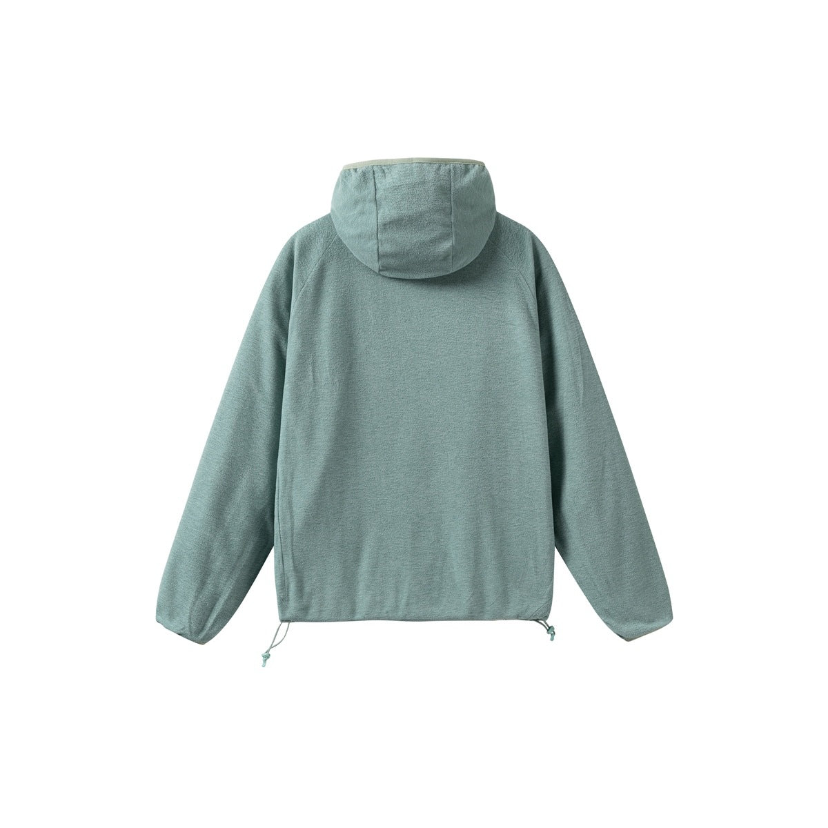 Back view of a pale teal hooded jacket with long sleeves and adjustable hem drawcords.