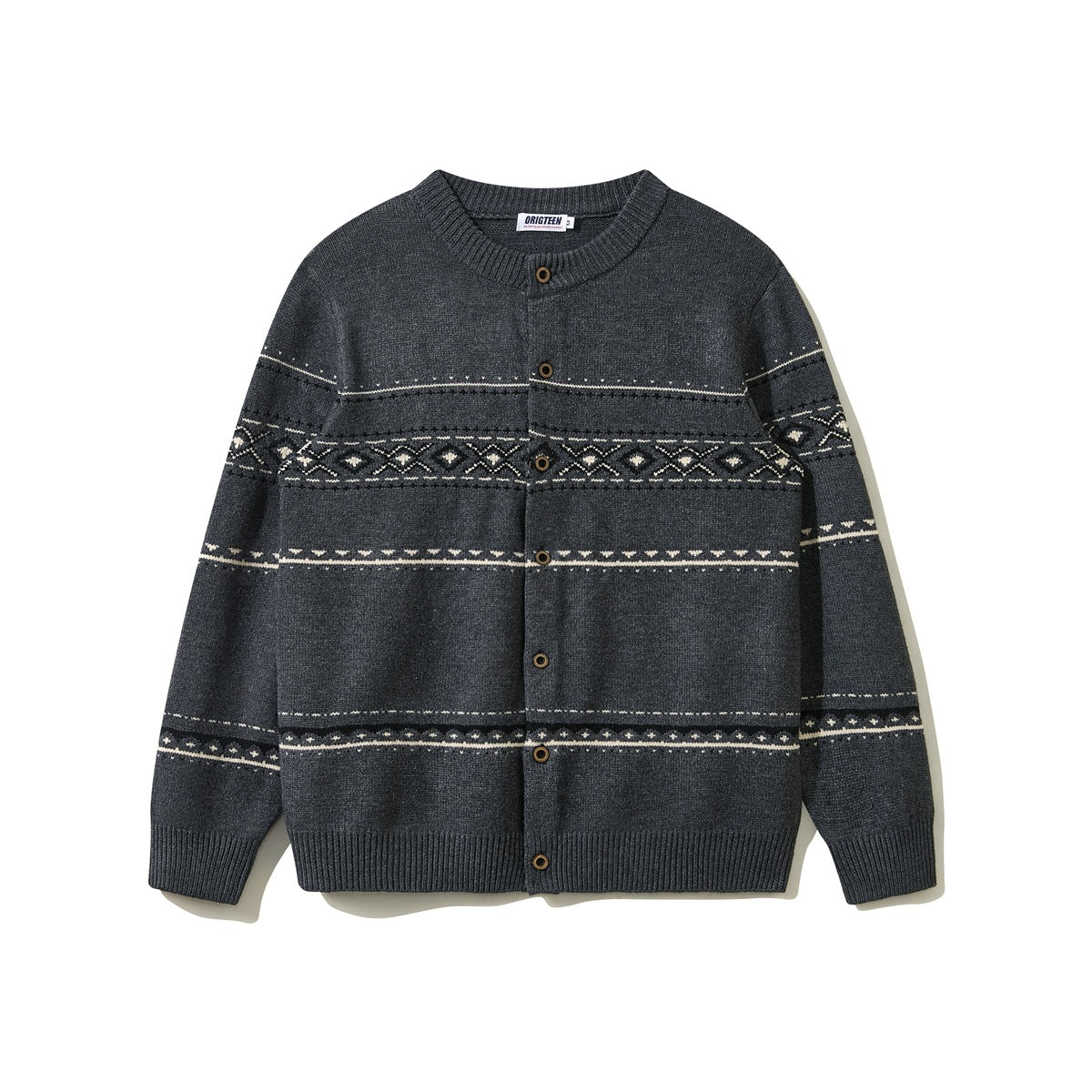 Dark gray button-front knit cardigan with cream and black geometric jacquard bands and ribbed crew neck, flat lay