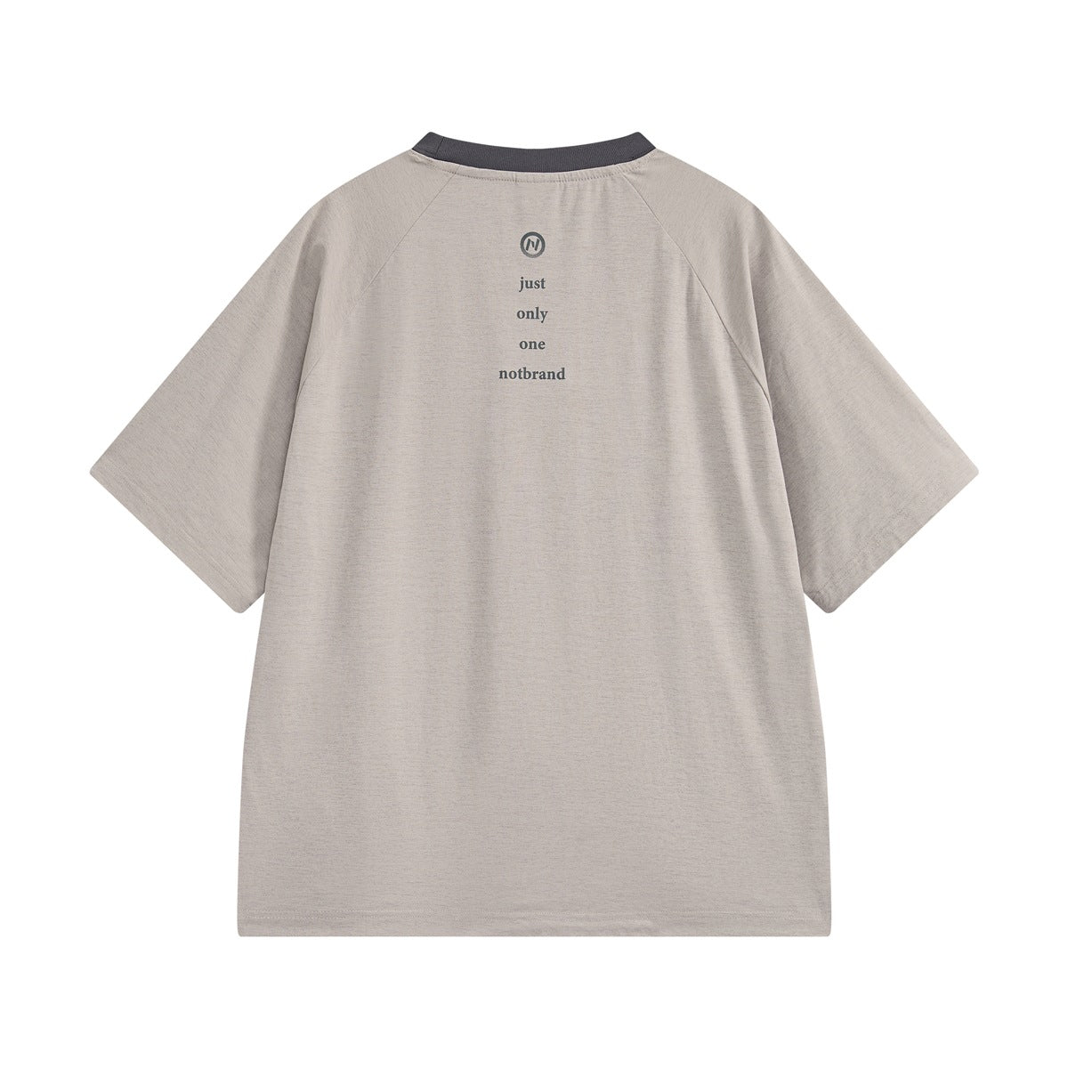 Back view of a light gray-beige short-sleeve T-shirt with a dark ribbed collar and small vertical text graphic.