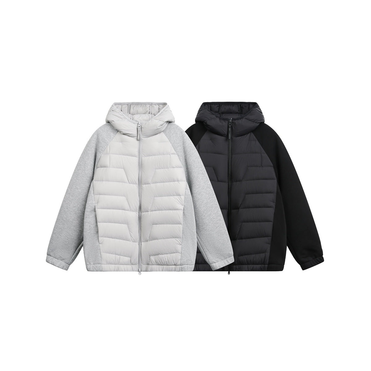 Two hooded jackets displayed side by side: light gray with gray sleeves and black with black sleeves.