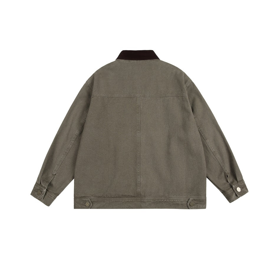 Back view of an olive jacket with a dark brown collar, long sleeves, and adjustable button tabs at the hem and cuffs.