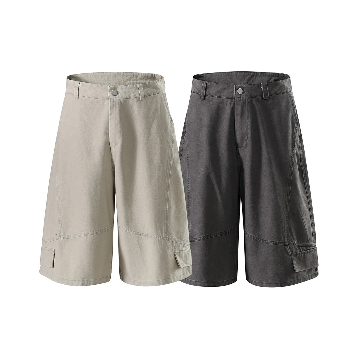 Front views of wide-leg cargo shorts in light beige and charcoal, with button waist closures and hem pockets.