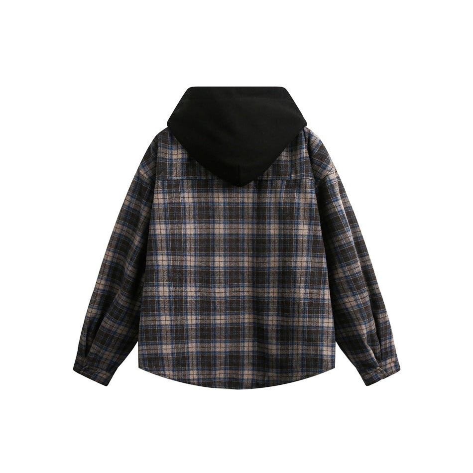 Back view of a brown, blue, and gray plaid jacket with a solid black hood.