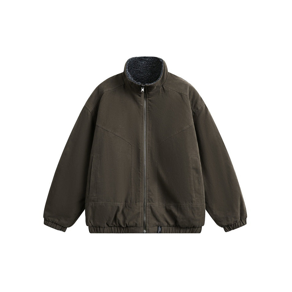 Olive-brown stand-collar zip jacket front with gray fleece-like collar lining, side pockets and elastic hem