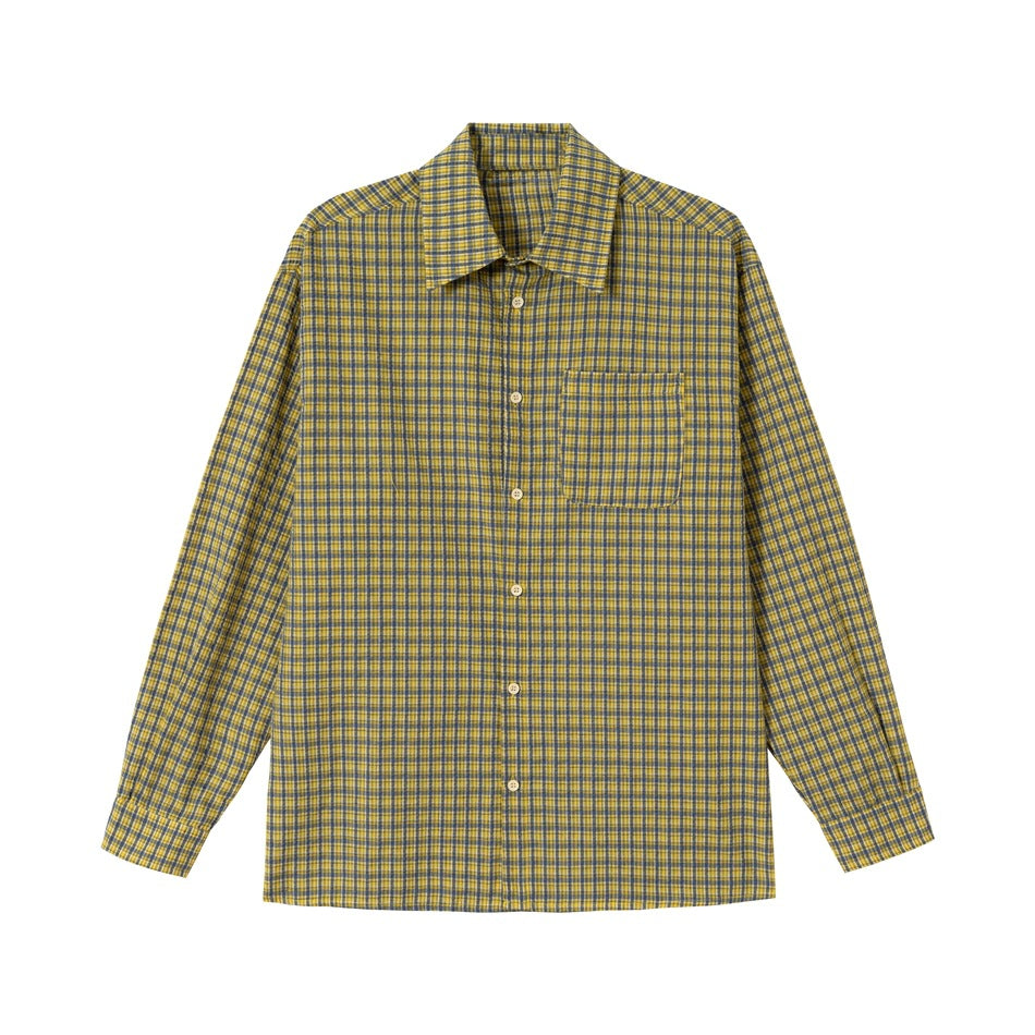 Yellow and blue small-check long-sleeve button-up shirt with collar and chest pocket, flat front view
