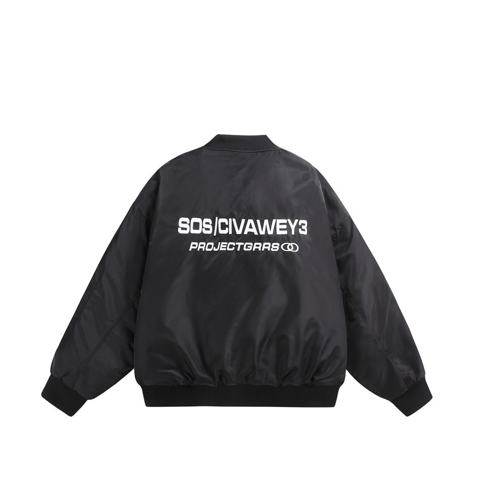 Back view of a black bomber jacket with large white embroidered lettering across the upper back.