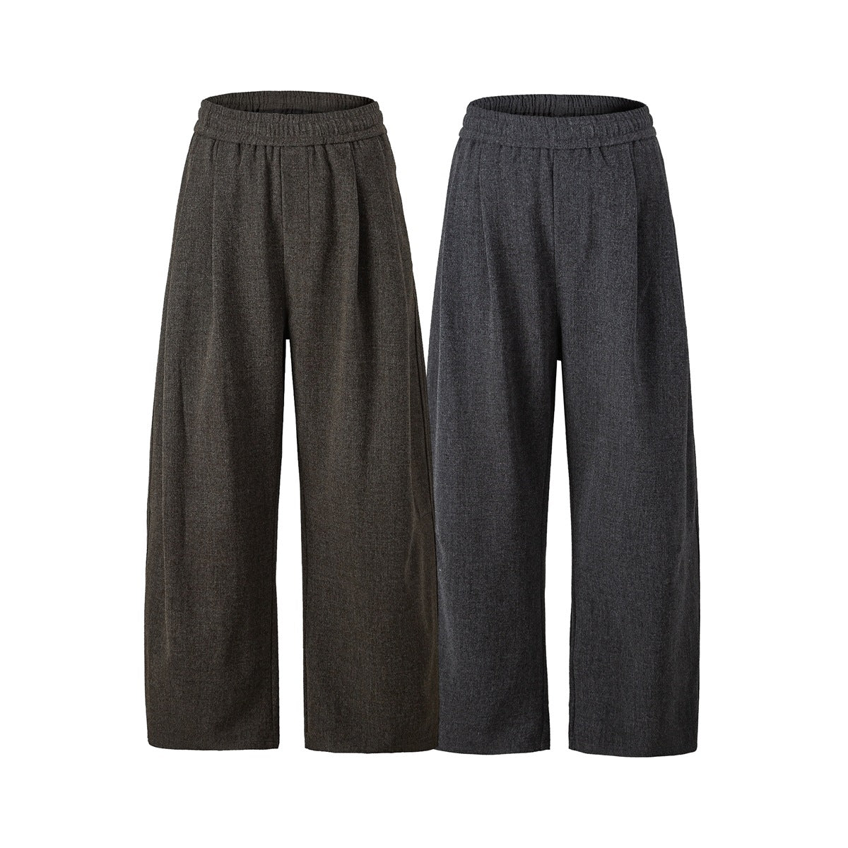 Front view of wide-leg pants in brown and charcoal, each with an elastic waistband and front pleats.