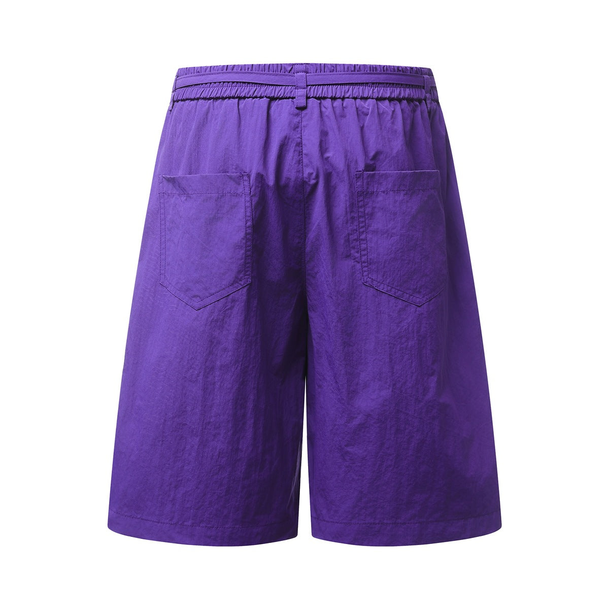 Back view of purple knee-length shorts with an elasticated waistband and two large rear patch pockets.