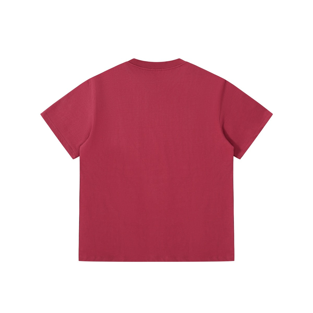 Back view of a plain red short-sleeve crew-neck T-shirt with ribbed collar