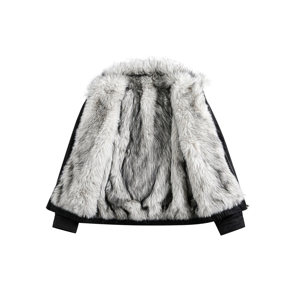 Black jacket opened to show its full light gray fur lining and fur-trimmed collar.