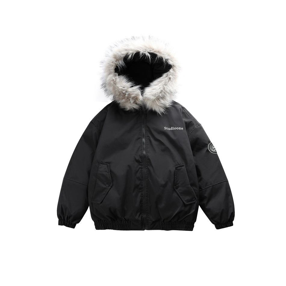 Black zip-front hooded jacket with fur-style hood trim, snap-flap pockets and elastic hem, flat front view