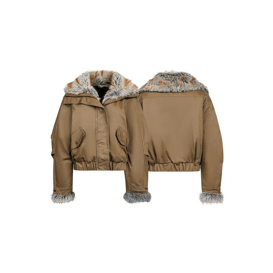 Tan cropped jacket shown from the front and back, with a broad fur-trimmed collar, fur cuffs, and flap pockets.