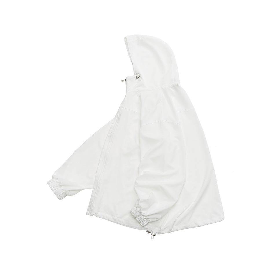 White hooded jacket shown alone, with a front zipper, roomy sleeves, gathered cuffs, and an adjustable hem.