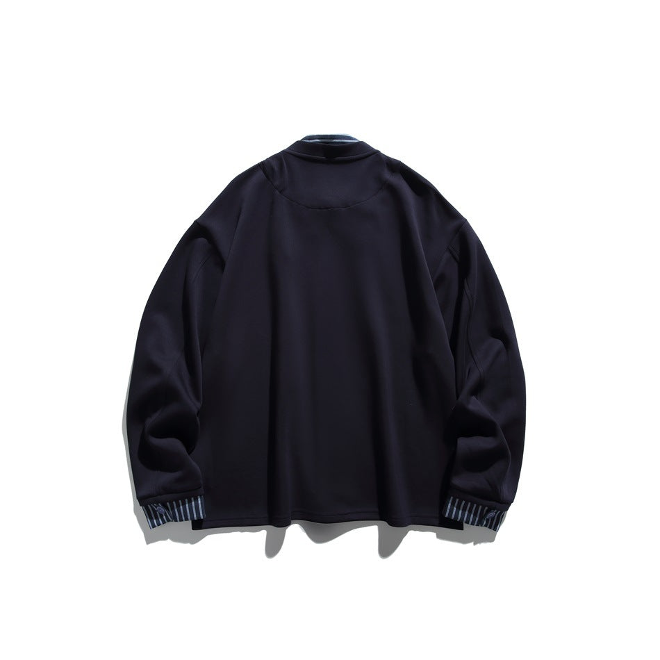 Back view of a dark navy button-front jacket with striped fabric visible at the cuffs.