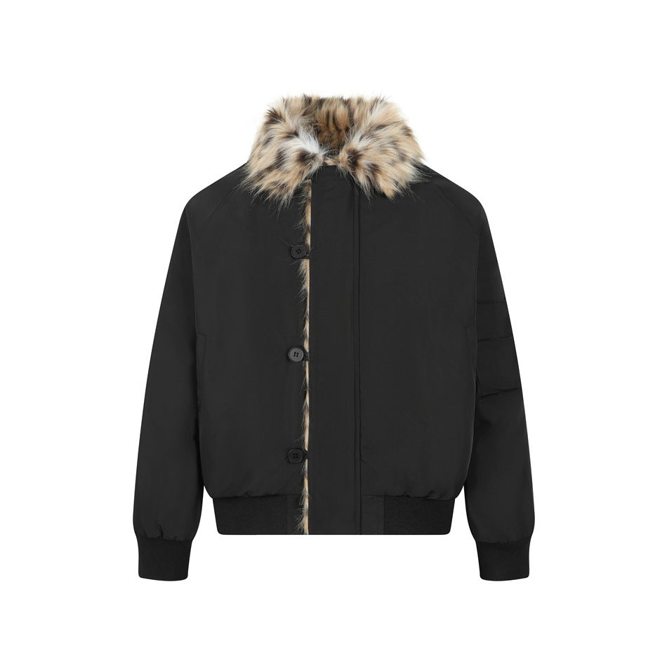 Black jacket with leopard-print faux fur collar, button front, raglan sleeves and ribbed cuffs and hem, flat front view