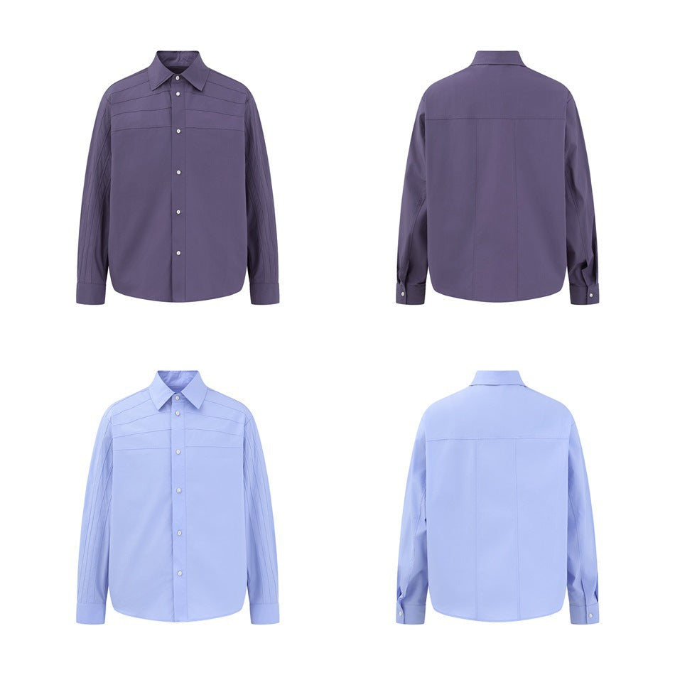 Front and back flat views of the purple and blue button-up shirts in a four-panel grid