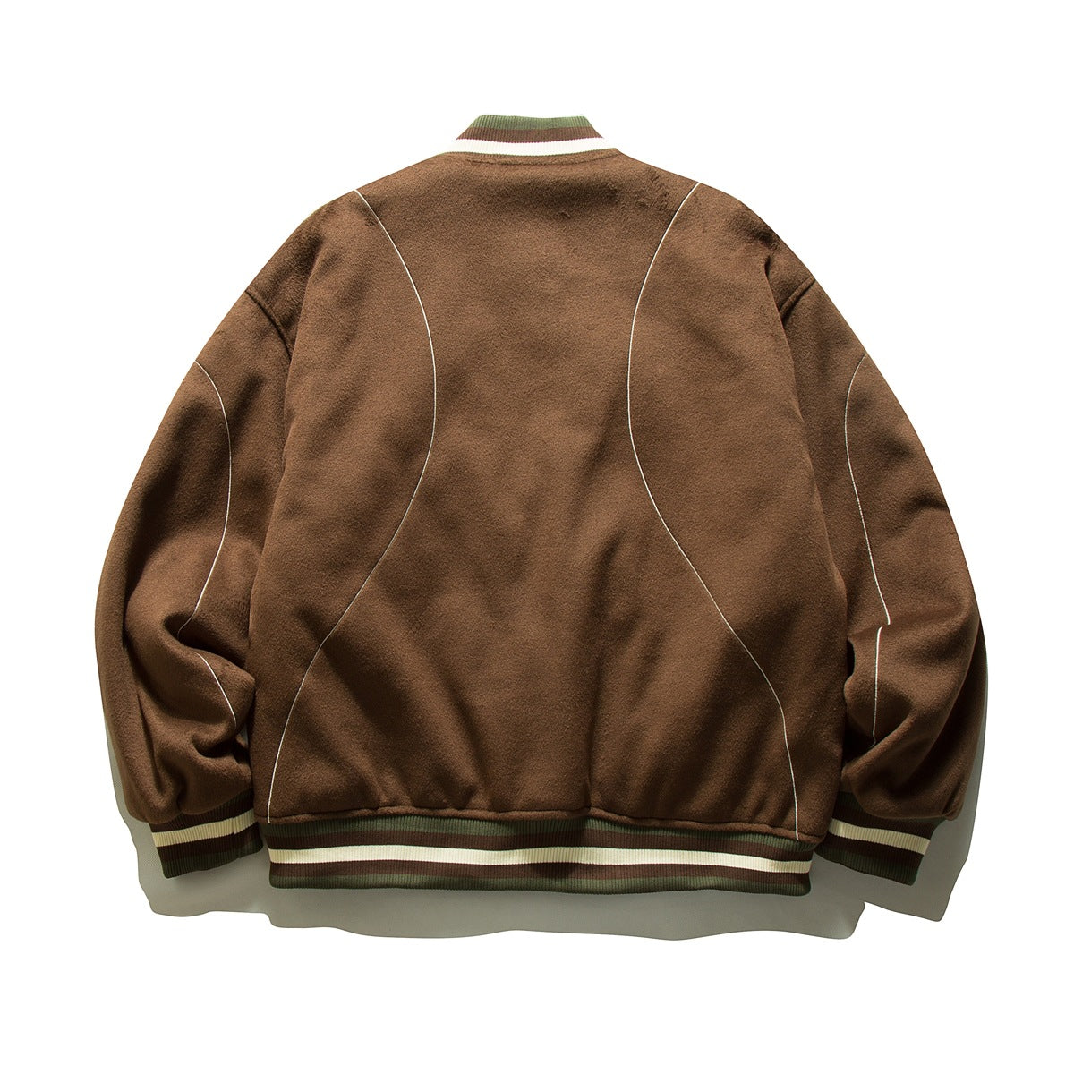 Back view of a brown jacket with cream contrast piping and striped ribbed collar, cuffs, and hem.