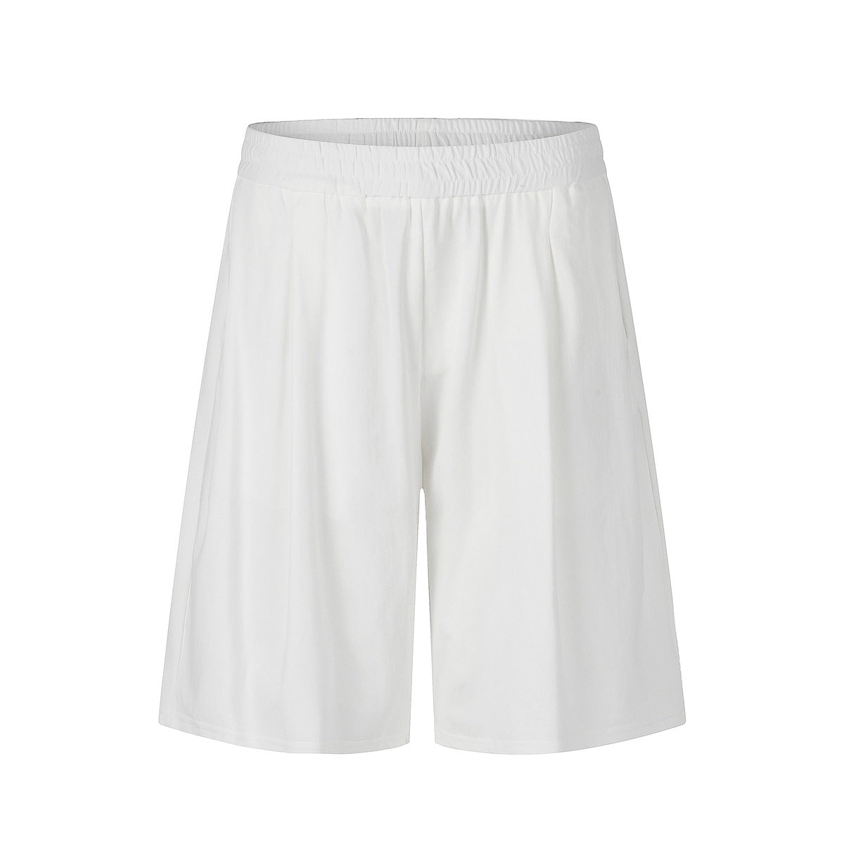 White pleated knee-length shorts with elastic waistband, flat front view on white background