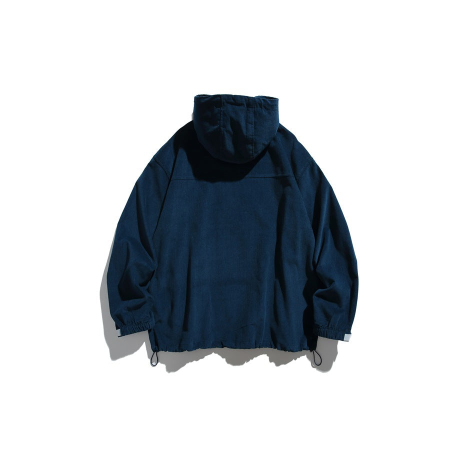Back view of deep blue hooded jacket with elastic cuffs and drawstring hem toggles