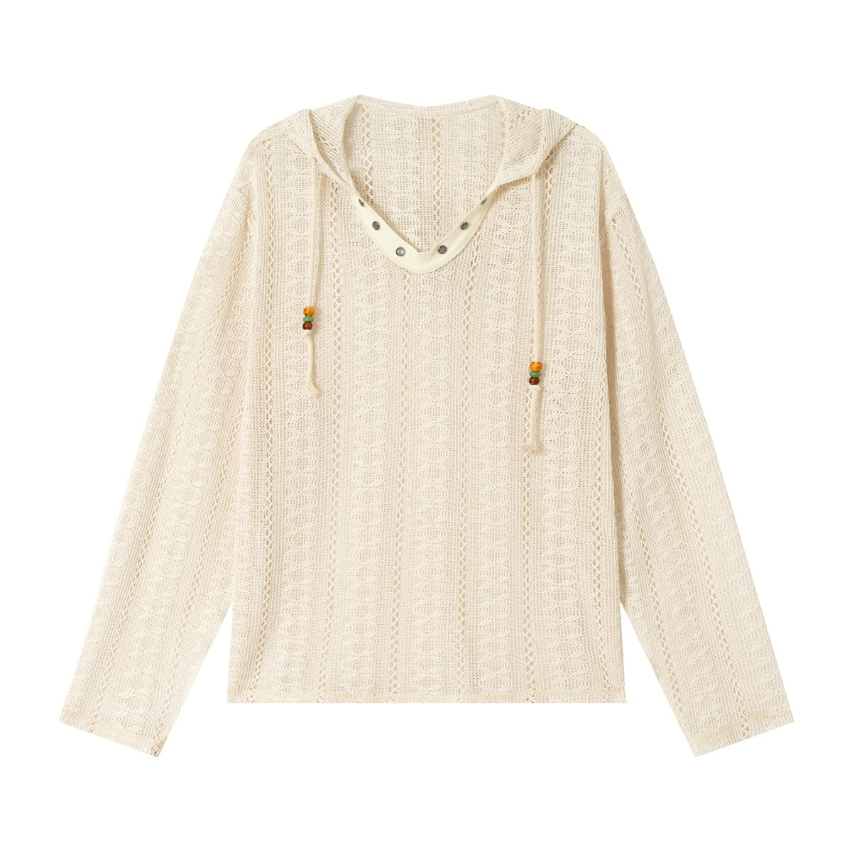 Beige open-knit hooded long-sleeve top with studded V-neck and beaded drawstrings, flat front view