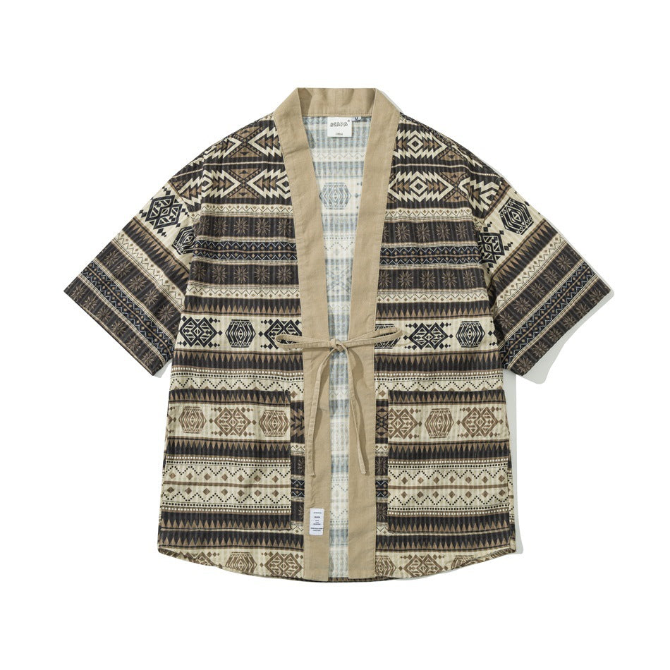 Dark brown and black geometric stripe short-sleeve kimono-style jacket with khaki trim, waist tie and patch pockets