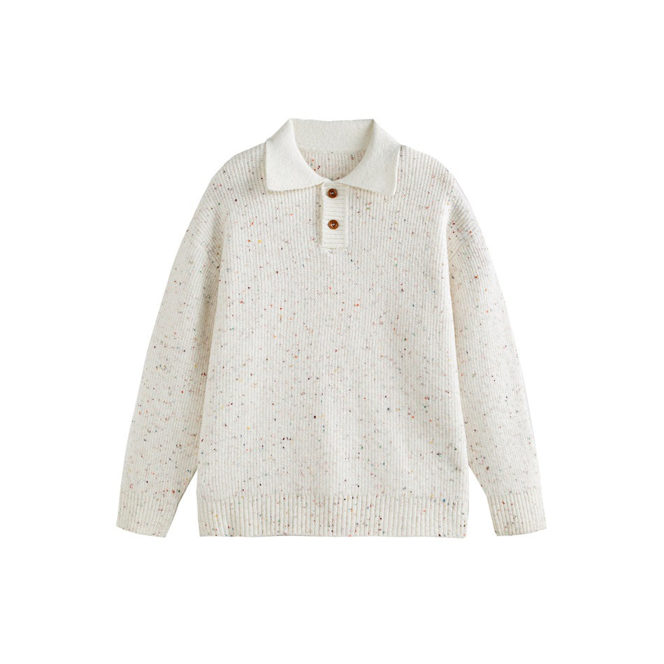Off-white ribbed knit polo-collar sweater with multicolor flecks and two brown buttons, flat front view
