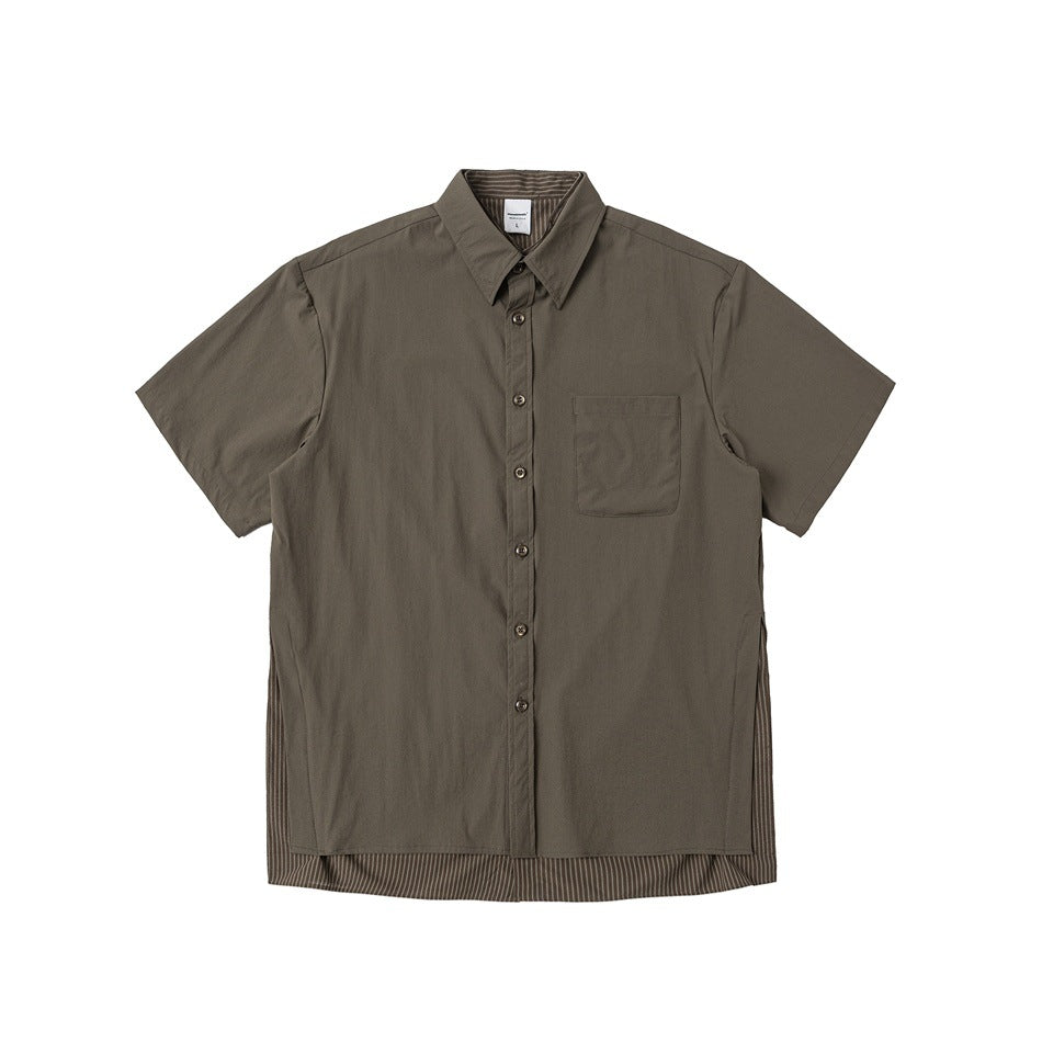 Brown short-sleeve button-up shirt with chest pocket and striped layered hem, flat lay front view