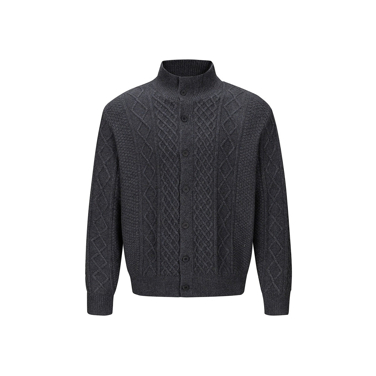 Dark gray cable-knit button-front cardigan with stand collar, front view on a white background