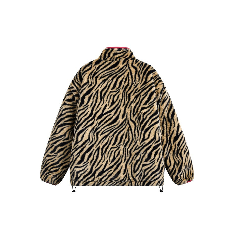 Back view of a tan-and-black tiger-stripe fleece jacket with a high collar and adjustable hem cords.