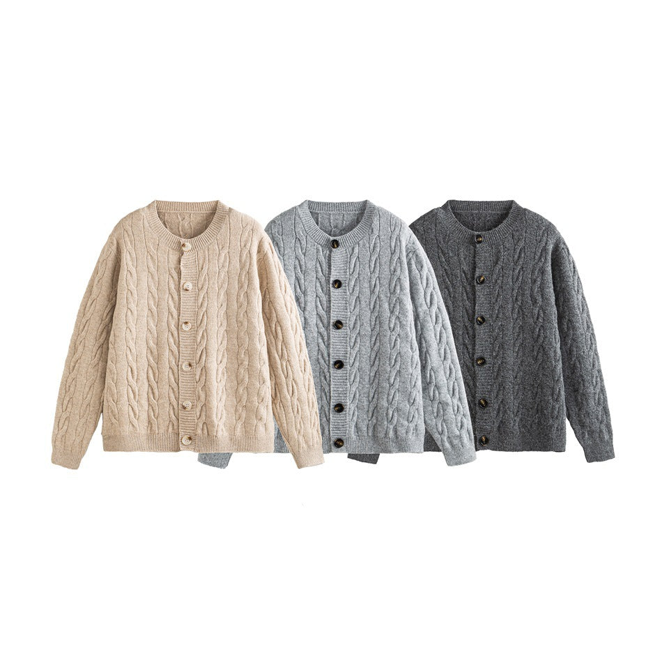 Three cable-knit button cardigans displayed together in beige, light gray, and charcoal.