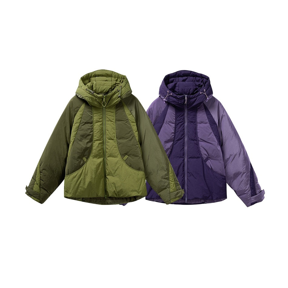 Two hooded jackets shown from the front in olive green and deep purple.