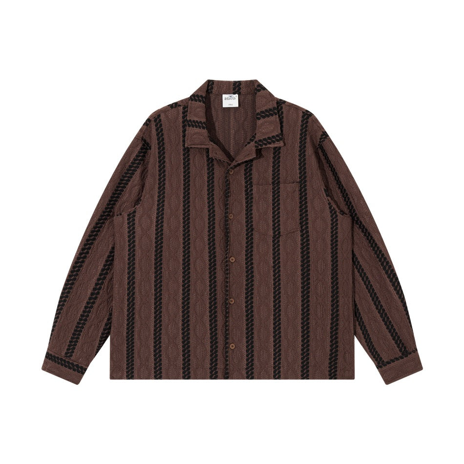 Brown long-sleeve button-front shirt with black chain-pattern vertical stripes and chest pocket, flat lay front view