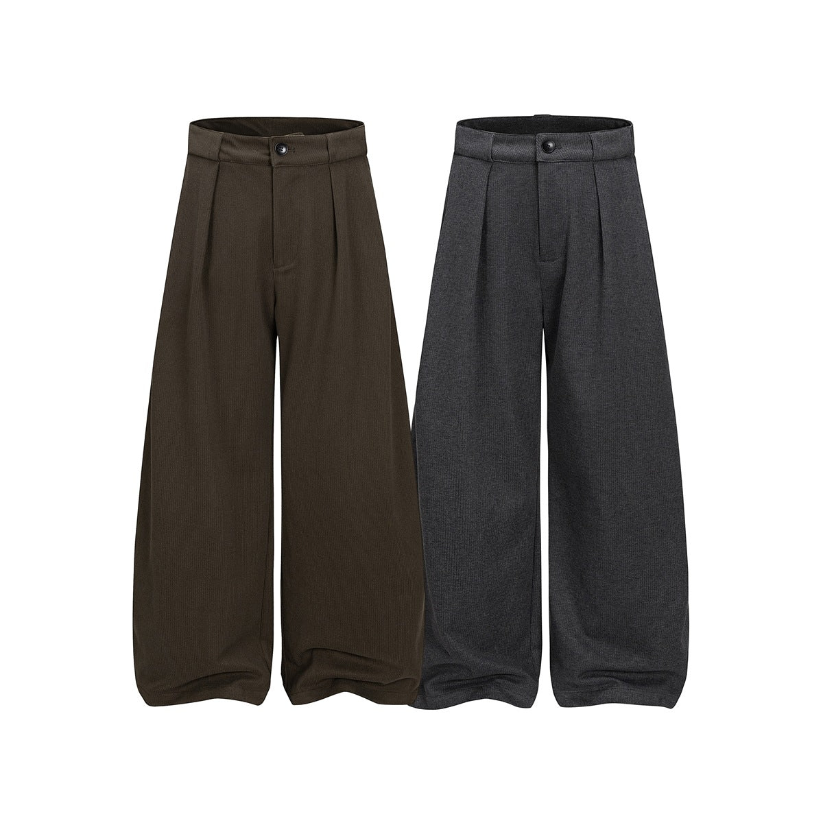 Front view of pleated wide-leg trousers in dark brown and charcoal gray, shown side by side.