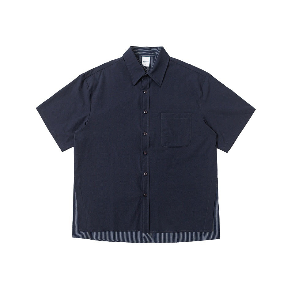 Navy short-sleeve button-up shirt with chest pocket and pinstriped layered hem, flat lay front view
