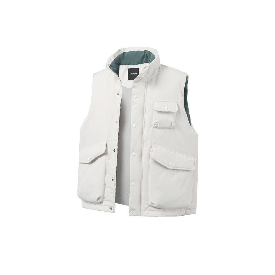 Beige padded stand-collar vest, open front with snap placket, three flap pockets and green inner lining