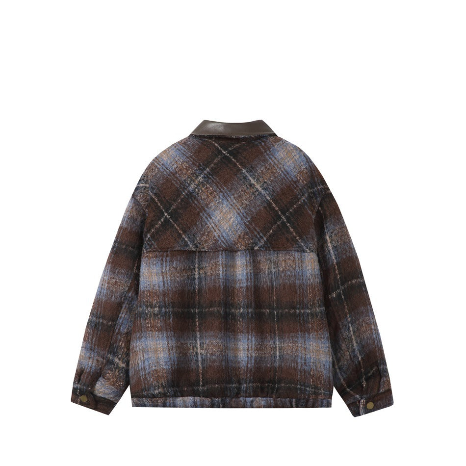 Back view of a brown and blue plaid jacket with a dark collar and snap cuffs.