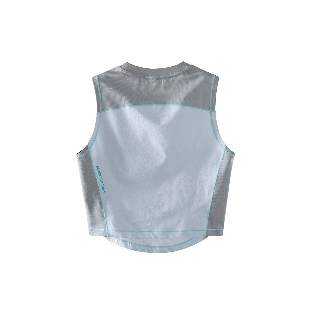 Back view of a light gray sleeveless top with aqua piping and a rounded lower hem.