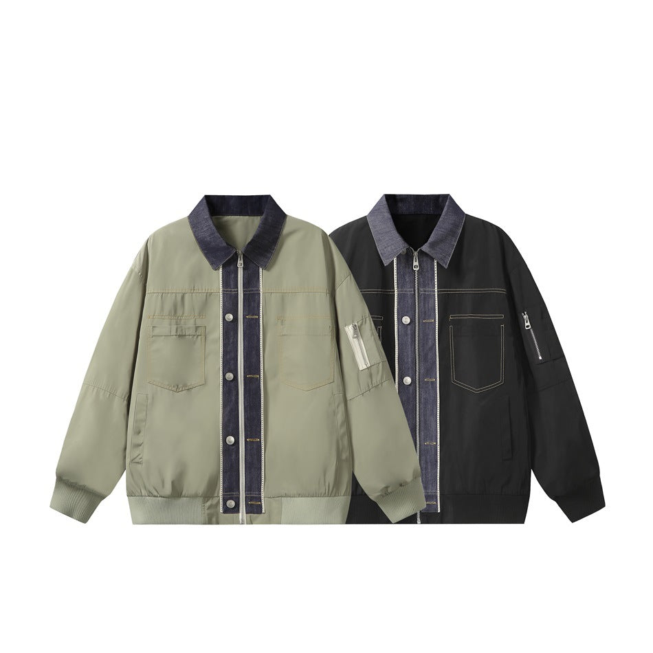 Two jackets shown from the front: olive and black, both with dark denim collars and zip fronts.