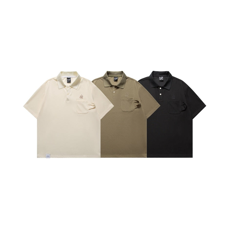 Three short-sleeve polo shirts shown from the front in ivory, taupe, and black, each with a chest pocket and small motif.