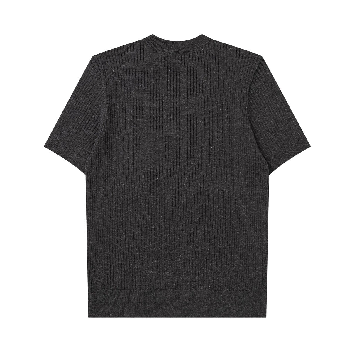 Back view of a charcoal gray short-sleeve ribbed knit top with a crew neck and straight hem.