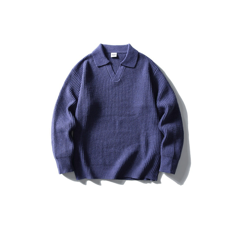 Purple-blue ribbed knit pullover sweater with polo-style collar and V-neck opening, flat lay