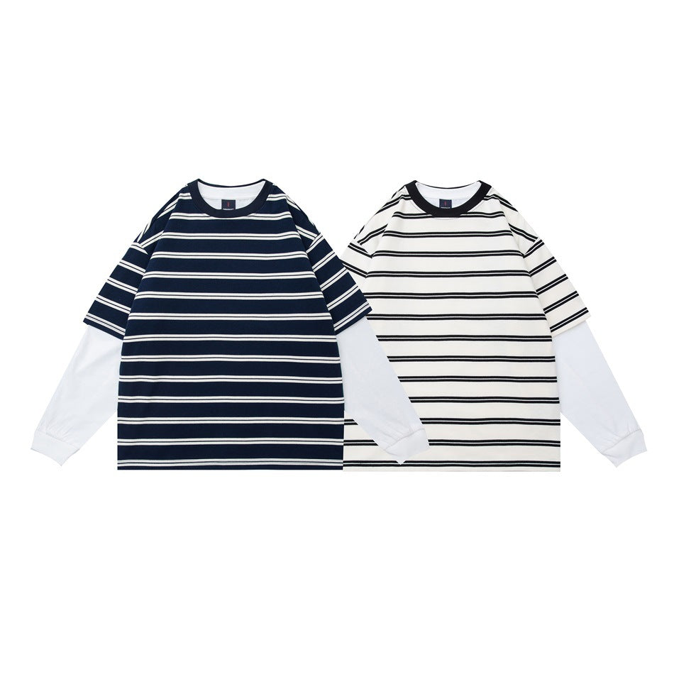 Two long-sleeve layered shirts shown from the front: navy with white stripes and white with dark stripes.