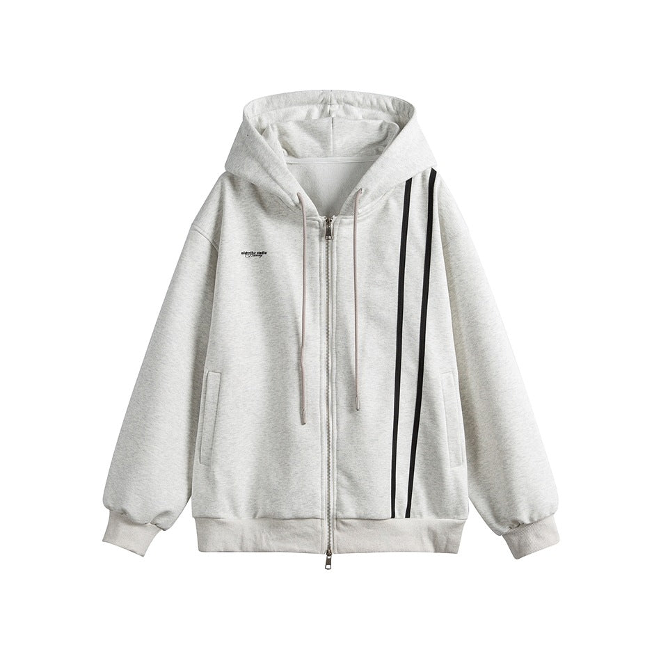 Heather gray zip-up hooded jacket with two black diagonal stripes, drawstrings, slit pockets and ribbed cuffs, flat front