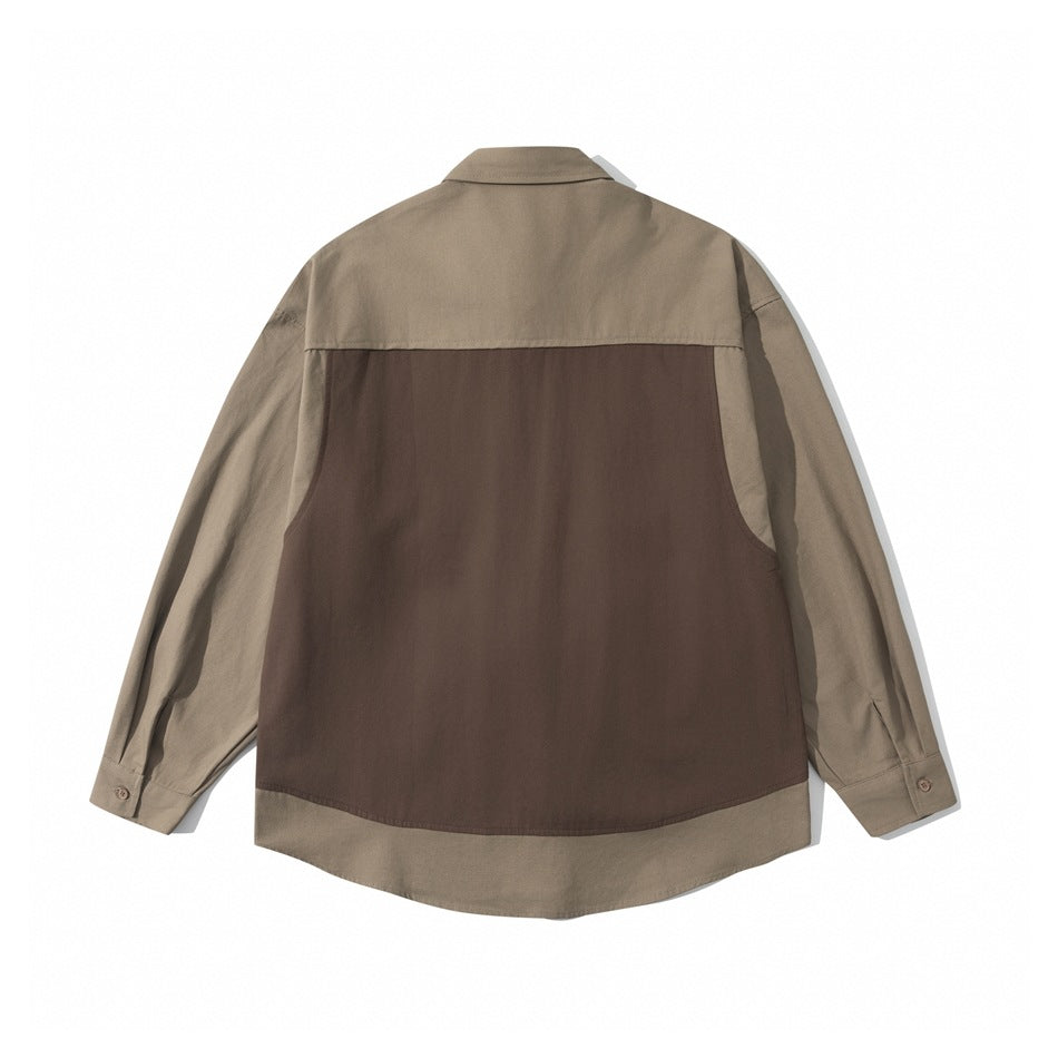 Back view of brown colorway shirt with taupe yoke and sleeves and a brown lower back panel