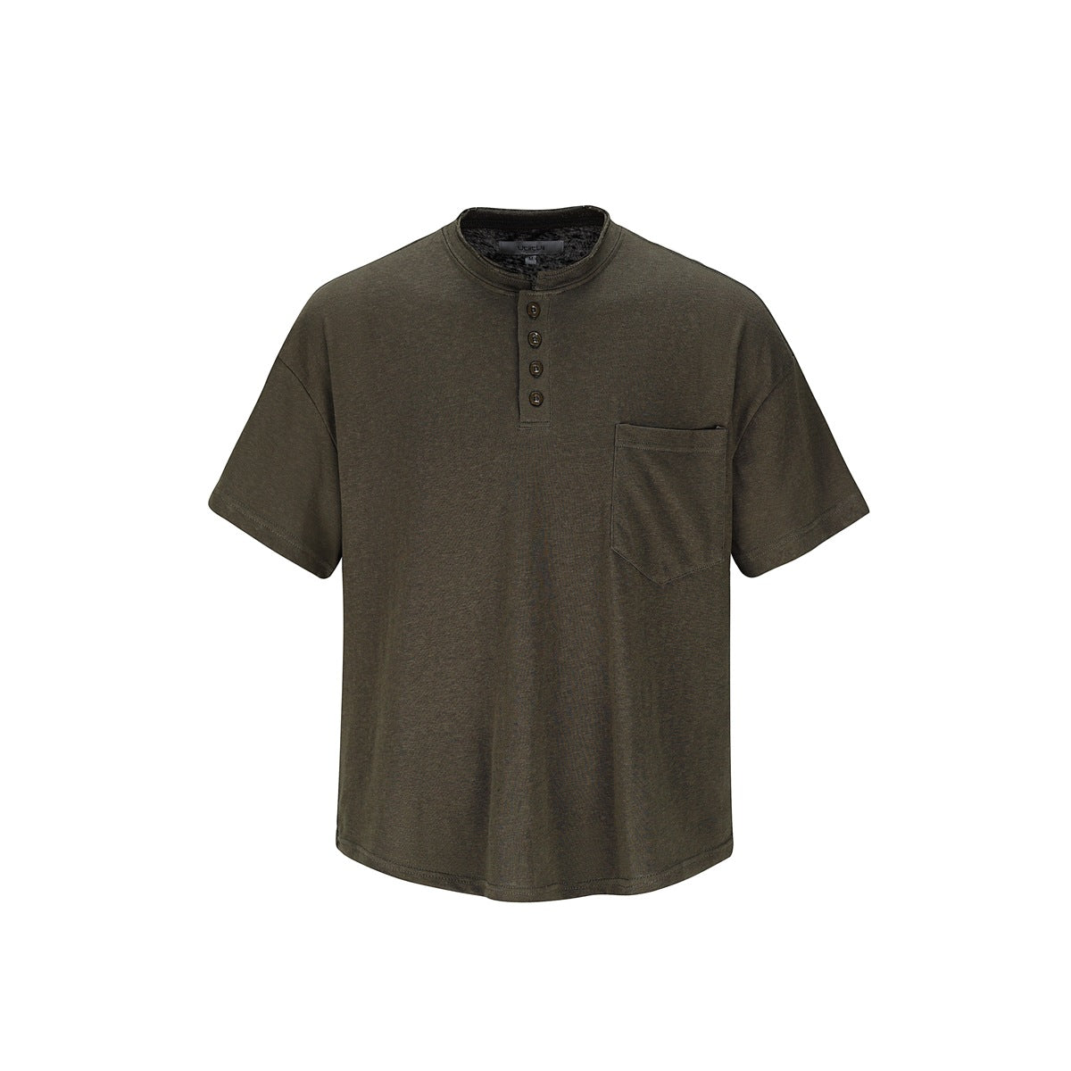Khaki green short-sleeve Henley tee with band collar, four buttons and chest pocket, flat front view