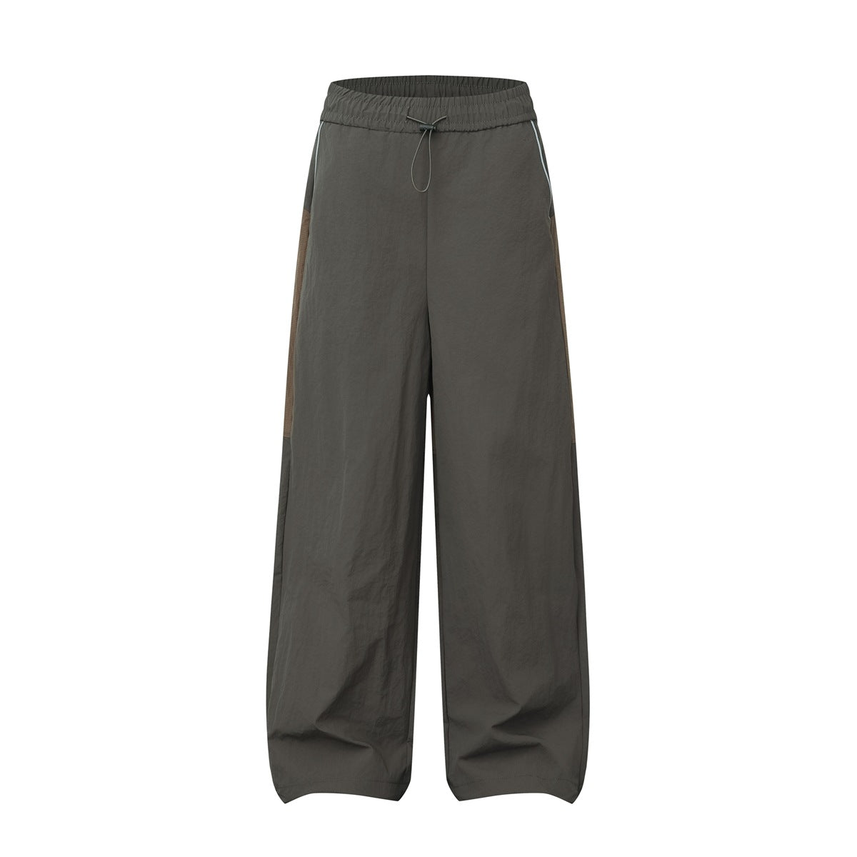Brown wide-leg pants with elastic drawcord waist, side piping and a contrast tan side panel, front flat view
