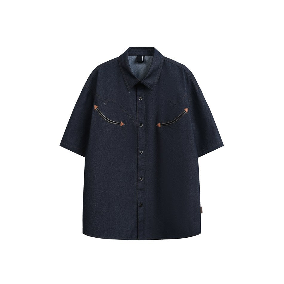 Dark blue short-sleeve western-style shirt with snap front and arrow-shaped brown chest accents, front view