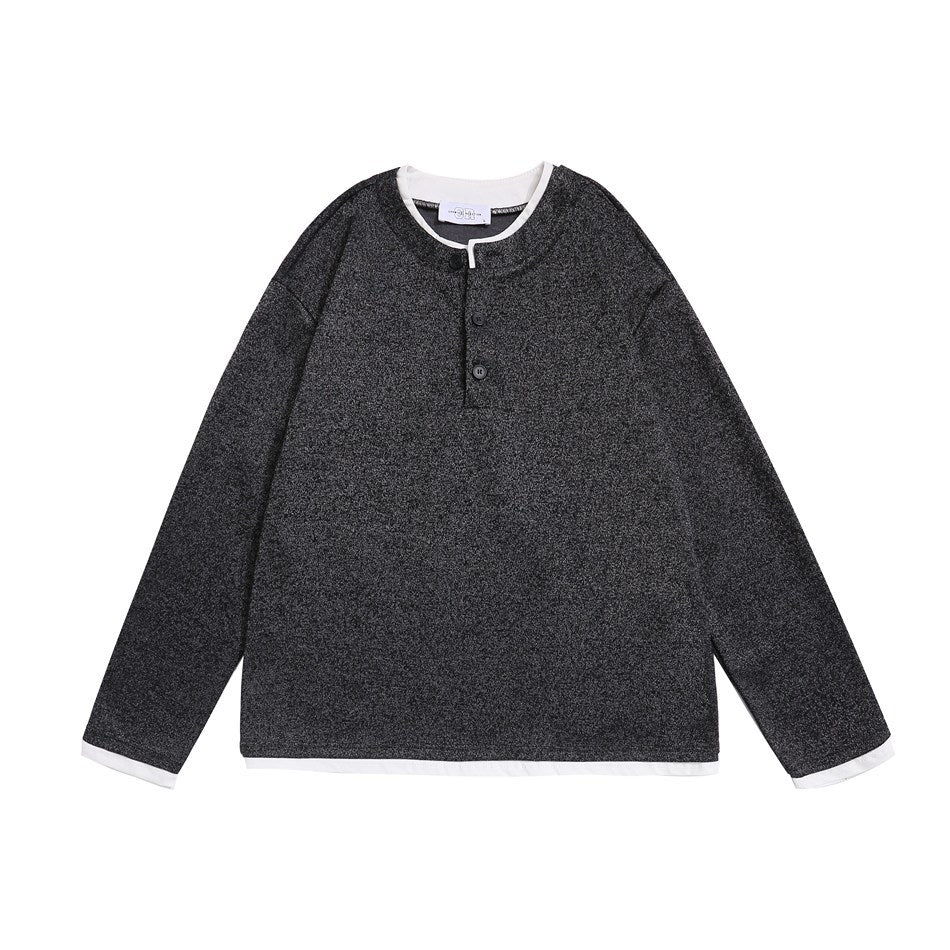 Black heathered long-sleeve Henley sweatshirt with white layered trim, front flat lay
